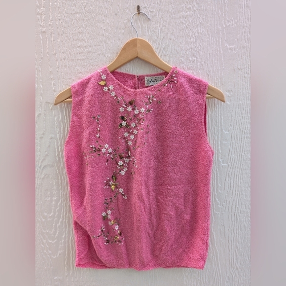 Vintage Tops - Vintage Antron DuPont Nylon Pink Beaded Sleeveless Tank Top Size Small/Medium